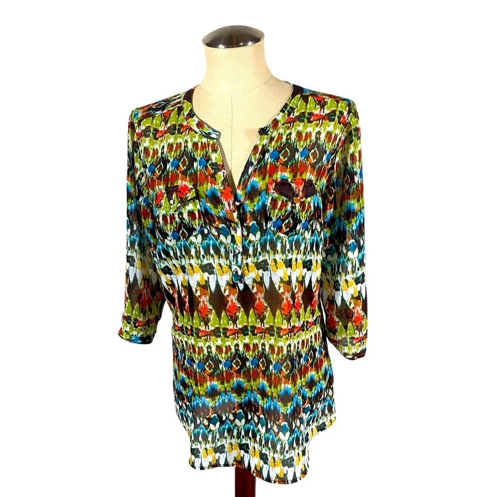 Ariat Womens Half Button Blouse XL Aztec Multicolor Pattern Sheer Size Small